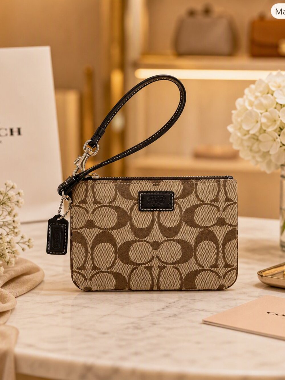 Coach Leatherware Signature Canvas Wristlet in Tan & Brown